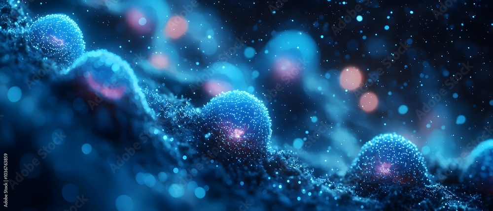 Poster a close-up of luminous blue and purple spheres representing cells or particles in a dark, ethereal s