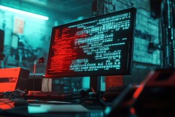 Hacker workstation with red and blue code display