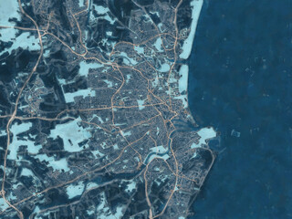 Painterly Style City Map of Aberdeen, the United Kingdom in a Blue Color Scheme.