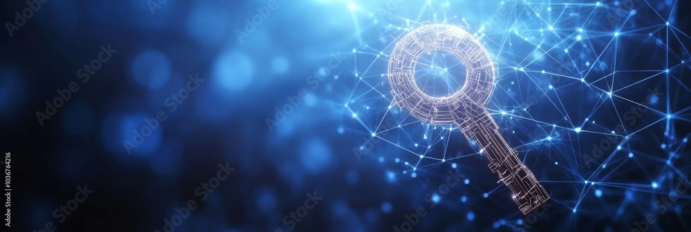 Poster digital key and magnifying glass cybersecurity and data search concept with network connections