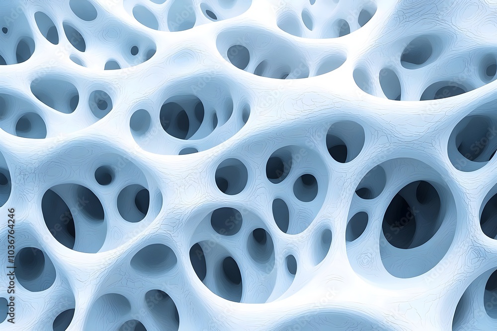 Poster an abstract, close-up view of a textured, light blue surface with organic, porous patterns resemblin