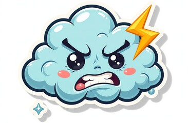  Storm cloud character with cartoon angry face. Groovy sticker with Thunder and lightning symbol. Weather icon. Emoji expression. Retro Vector illustration on white background
