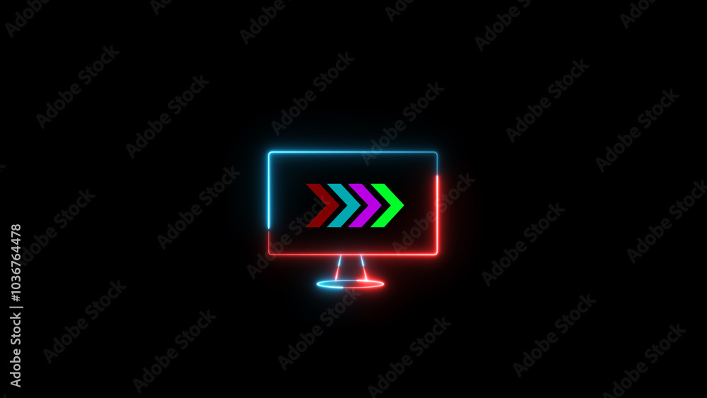 Poster glowing monitor with arrow points to the right. flashing neon icon to the right arrow. right neon ar