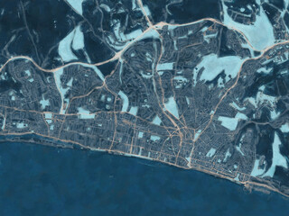 Painterly Style City Map of Brighton, the United Kingdom in a Blue Color Scheme.