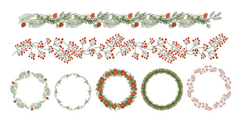 Christmas floral garlands and wreaths flat color vector objects set. Red berries branches and cones for festive designs illustrations pack on white © ApoevArt