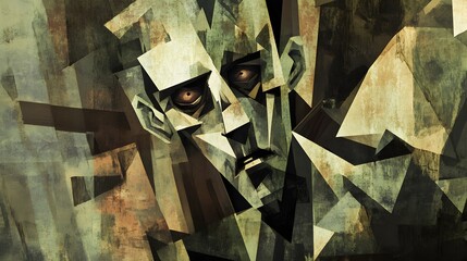 Abstract Geometric Portrait with Eyes  Grunge  Green  Brown   Digital Art   Abstract Art   Illustration   Digital Painting