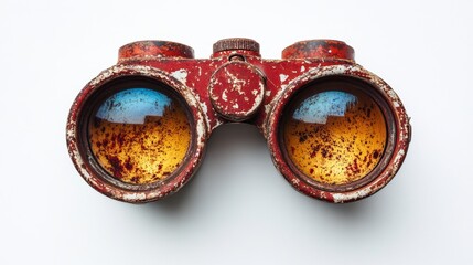 Vintage Red Binoculars with Rusty Lens on White Background