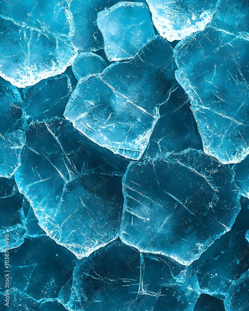 Poster a stunning close-up of crushed ice, showcasing sharp, glistening shards in various shades of blue, c