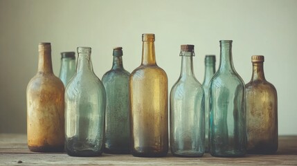 Vintage Glass Bottles on Wooden Table Still Life Photography