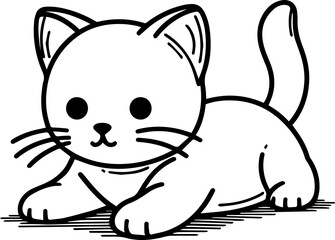 Black Line Art Style Small Pet Cat Cutie and Crawl Pose Hand Drawn Illustration