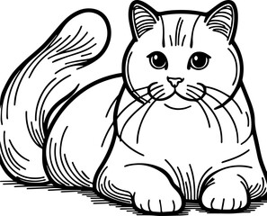 Black Line Art Style Small Pet Cat Cutie and Crawl Pose Hand Drawn Illustration