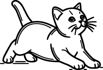 Black Line Art Style Small Pet Cat Cutie and Crawl Pose Hand Drawn Illustration