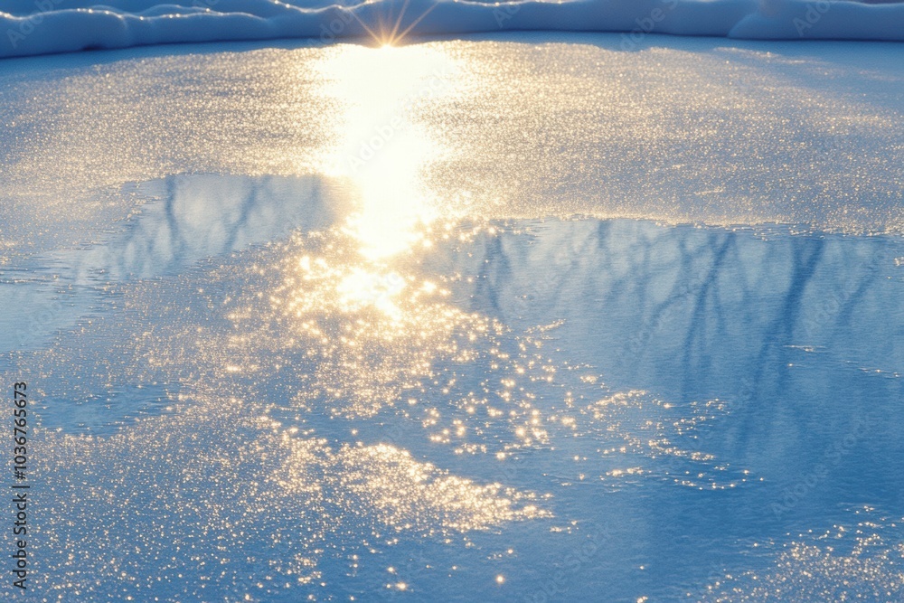 Poster Sunlight sparkles on a frozen lake's surface, revealing intricate snow textures and reflecting a serene winter morning. Generative AI