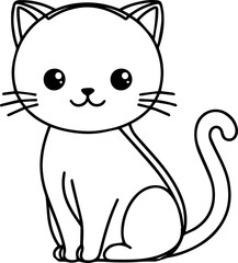 Black Line Art Style Small Pet Cat Cutie and Sitting Pose Hand Drawn Illustration