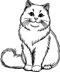 Black Line Art Style Small Pet Cat Cutie and Sitting Pose Hand Drawn Illustration