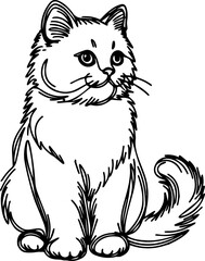 Black Line Art Style Small Pet Cat Cutie and Sitting Pose Hand Drawn Illustration