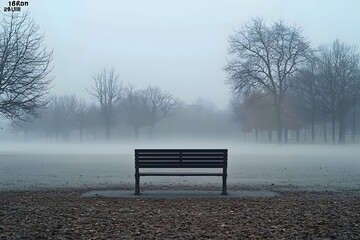 A solitary black bench in a misty park setting, surrounded by bare trees, evoking a sense of tranquility and contemplation on a foggy day.