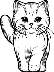 Black Line Art Style Small Pet Cat Cutie and Stand Pose Hand Drawn Illustration
