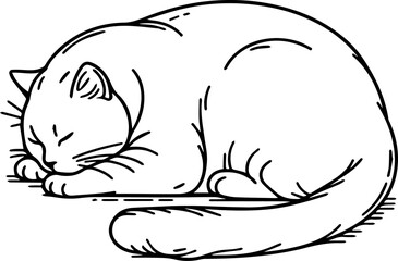 Black Line Art Style Small Pet Cat Cutie and Sleeping Pose Hand Drawn Illustration
