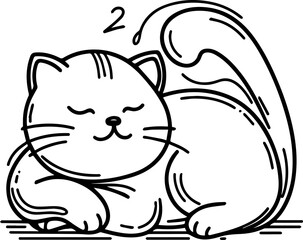 Black Line Art Style Small Pet Cat Cutie and Sleeping Pose Hand Drawn Illustration