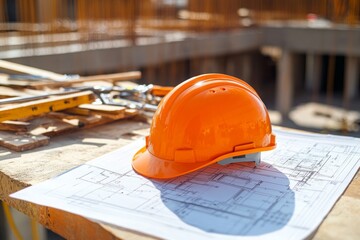 Construction Safety: Orange Helmet and Blueprints on Site