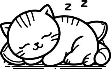 Black Line Art Style Small Pet Cat Cutie and Sleeping Pose Hand Drawn Illustration