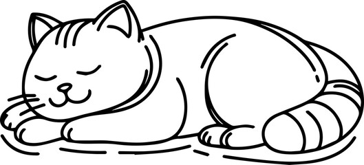 Black Line Art Style Small Pet Cat Cutie and Sleeping Pose Hand Drawn Illustration