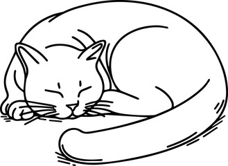 Black Line Art Style Small Pet Cat Cutie and Sleeping Pose Hand Drawn Illustration
