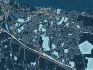 Painterly Style City Map of Gravesend, the United Kingdom in a Blue Color Scheme.