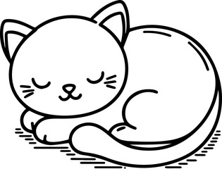 Black Line Art Style Small Pet Cat Cutie and Sleeping Pose Hand Drawn Illustration