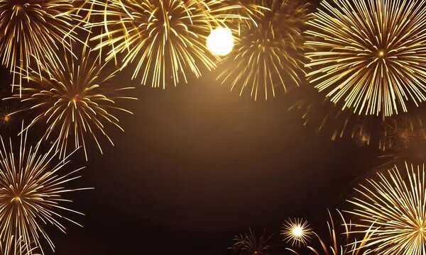 2025 New Year's Eve Party video. Golden fireworks dark blue bokeh background video. Copy paste area for text