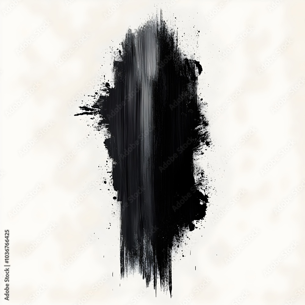 Poster an abstract black brushstroke with textured splashes on a light background, evoking a sense of depth