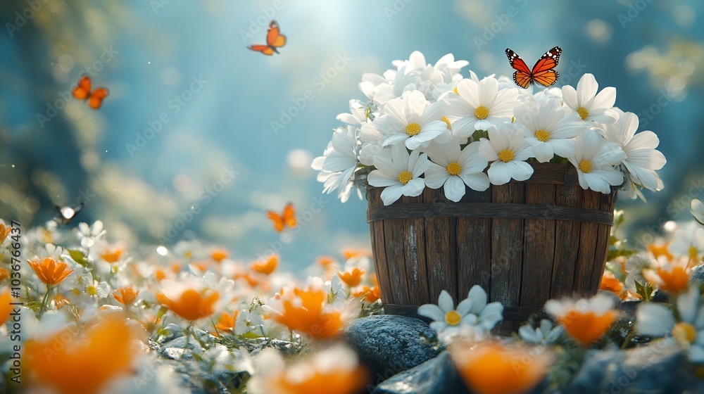 Poster artistic 3d rendering of a rustic wooden basket overflowing with pristine white flowers and colorful