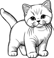 Black Line Art Style Small Pet Cat Cutie and Stand Pose Hand Drawn Illustration