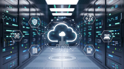 digital disaster recovery system in a futuristic server room, backup, data recovery plan, cloud backup concept.