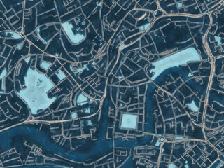 Painterly Style City Map of Bristol Center, the United Kingdom in a Blue Color Scheme.