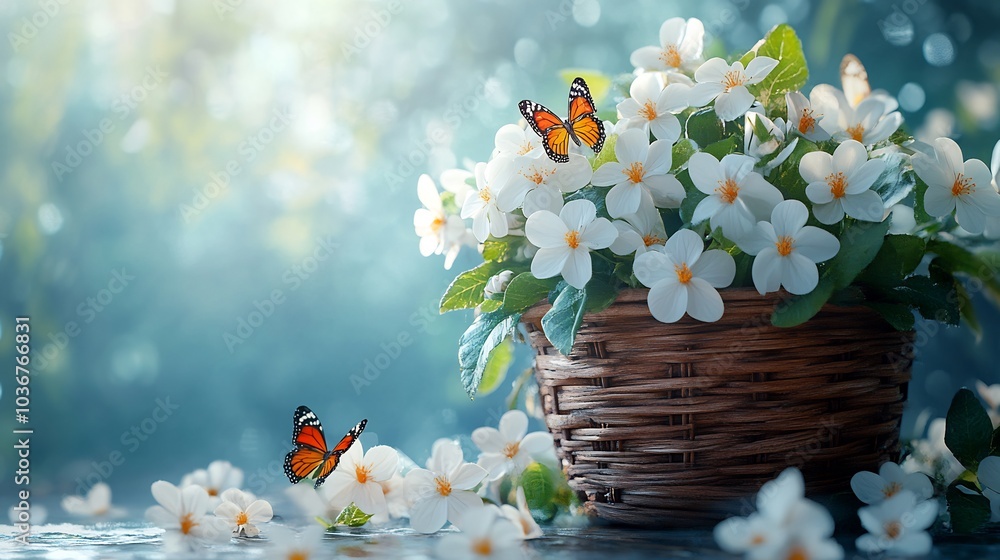Poster artistic 3d rendering of a rustic wooden basket overflowing with pristine white flowers and colorful