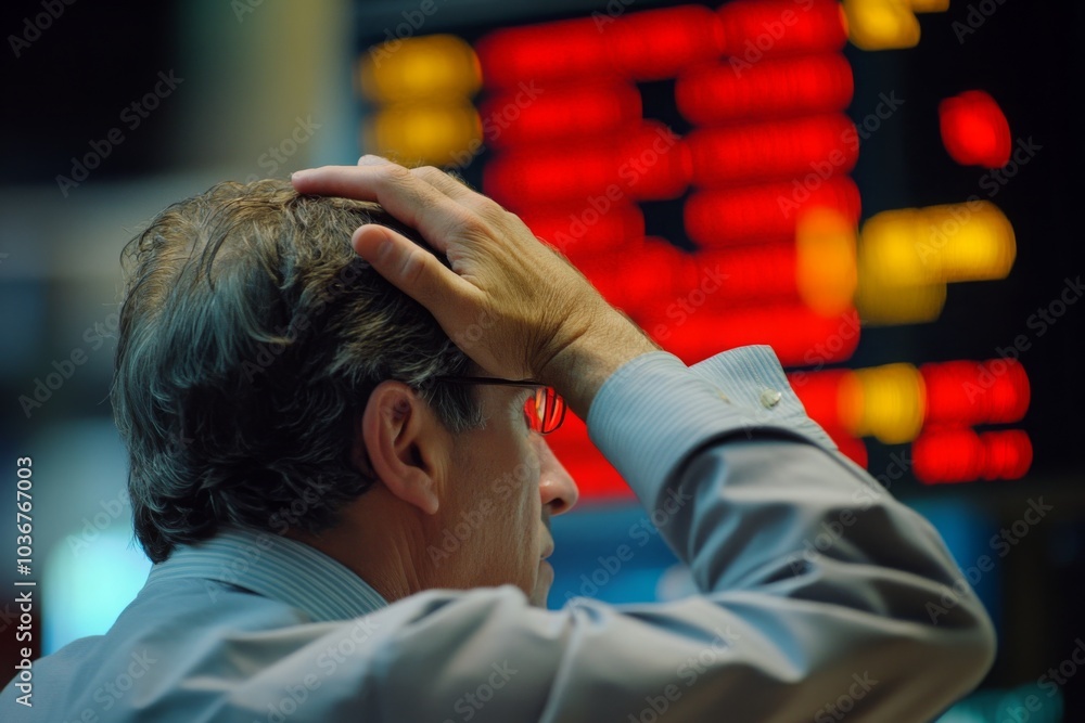 Poster tension in stock market: trader analyzing declining numbers on red display