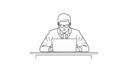 serious person in glasses typing in laptop, simple outline illustration of a person with laptop