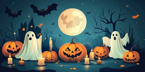 A spooky Halloween design with a dark blue background. It features pumpkins, ghosts, bats, candles, and a moon. Perfect for a banner or card!