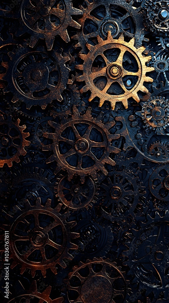 Poster metallic gears and cogs forming a seamless mechanical background pattern