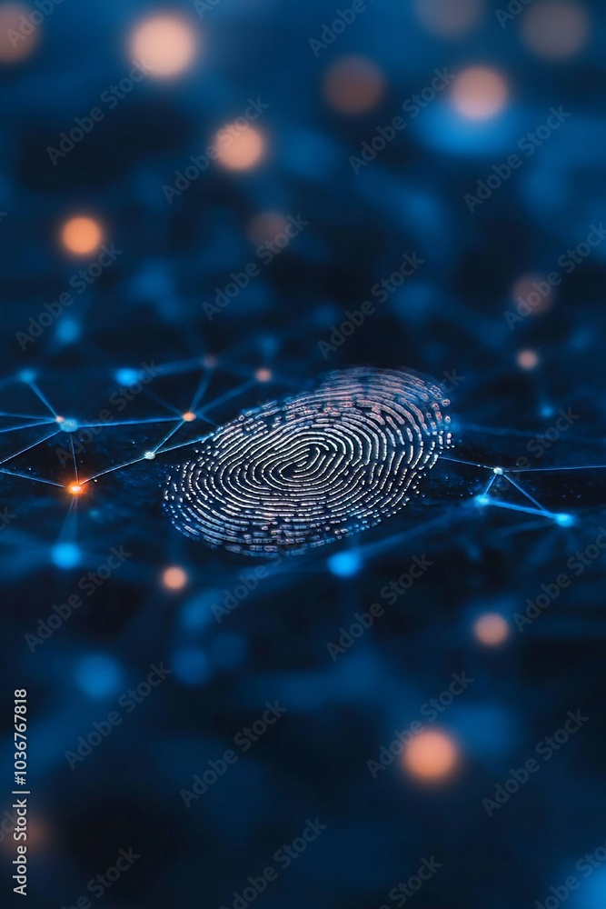 Poster fingerprint on futuristic background. biometric security with glowing nodes and lines.