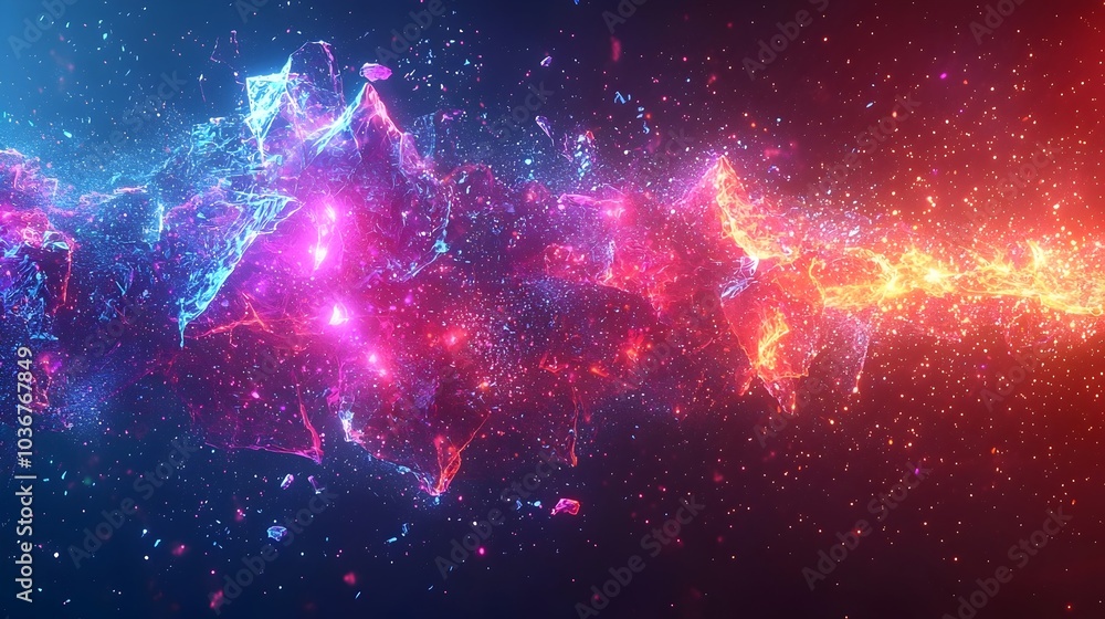 Poster a vibrant abstract digital space scene featuring swirling neon colors of blue and orange, creating a
