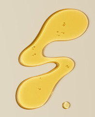 Close-up of golden oil drops, 3d rendering beauty product face serum cosmetic minimalist background