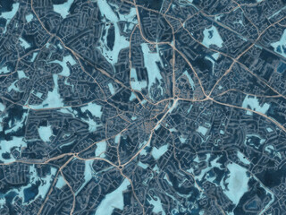 Painterly Style City Map of Dudley, the United Kingdom in a Blue Color Scheme.