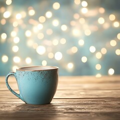 Fototapeta premium Cozy Winter Morning Blue Rustic Coffee Mug on Table with Sparkling Lights Background, Copy Space.