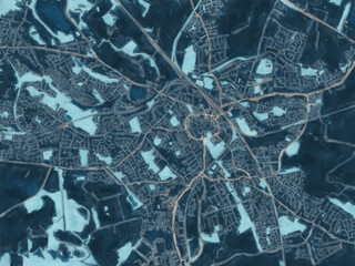 Painterly Style City Map of Nuneaton, the United Kingdom in a Blue Color Scheme.