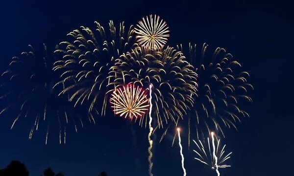 2025 New Year's Eve Party video. Colorful fireworks dark blue bokeh background video. Copy paste area for text