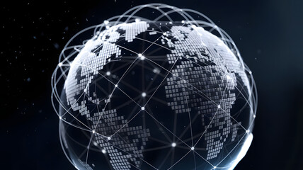 Naklejka premium A crystal-clear globe, made of interwoven digital lines, symbolizing global markets and international business. 