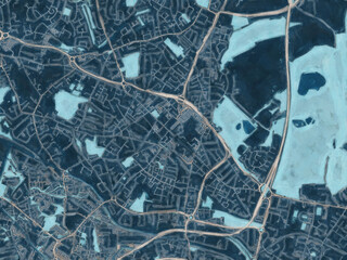 Painterly Style City Map of West Bromwich, the United Kingdom in a Blue Color Scheme.